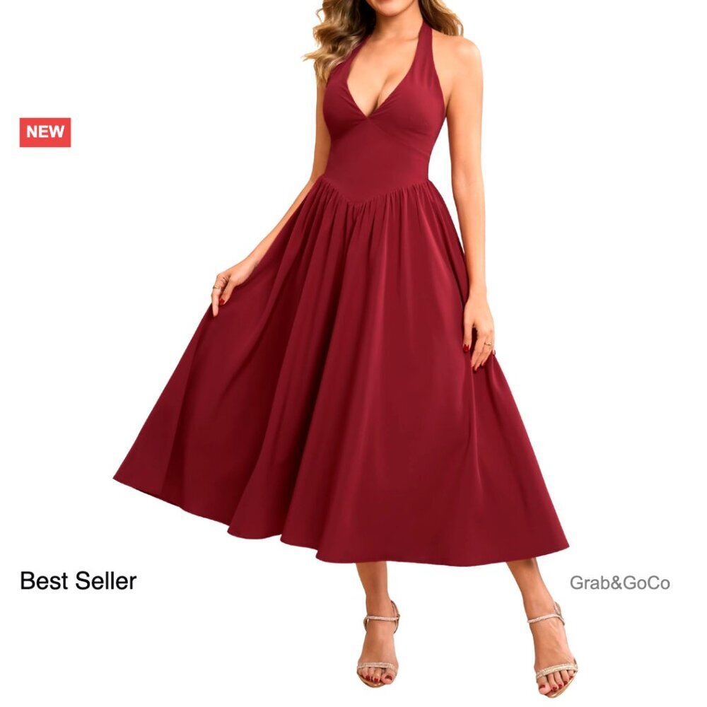 Summer Midi Dress Smocked Halter V Neck Sundress Elegant Flowy A Line Beach